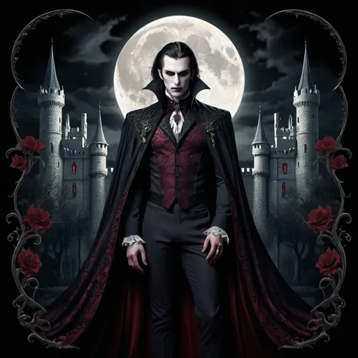 Prompt: (Vampire Prince design for a shirt), vintage style, gothic aesthetic, muted colors, deep reds and blacks, dramatic shadows, elegant and sinister, flowing cloak with intricate patterns, detailed fangs and eyes, regal attire, ethereal background with ancient castle and moonlight, mysterious and enchanting atmosphere, ultra-detailed, 4K, high quality, shirt design.