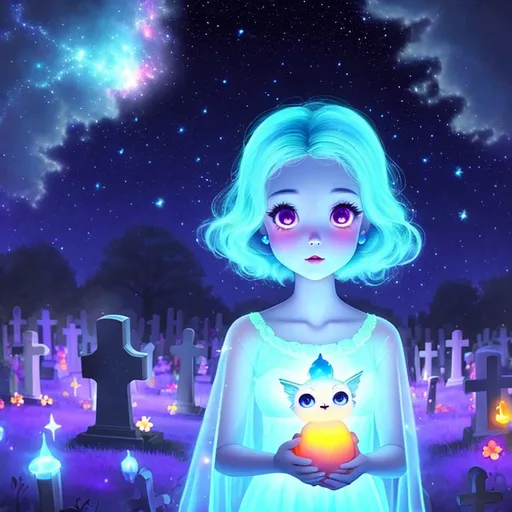 Prompt: Cute Pixar style painting of an adorable spirit girl in a graveyard at midnight, see-through skin,  floating, nebula, galaxy, stars, fireflies, glowing eyes, glowing, Graves, cemetery
