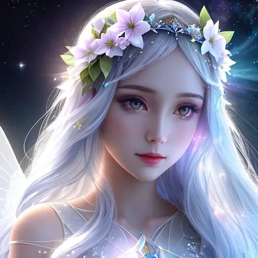 Prompt: White prism, cosmic,etherial, fairy, goddess of light , white flowers in her hair, facial closeup