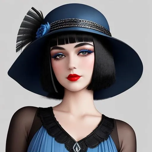 Prompt: a pretty girl  dressed in blue,  dark black hair, flapper, wearing a hat 1920's era, bob hair cut, 1920's era makeup, facial closeup