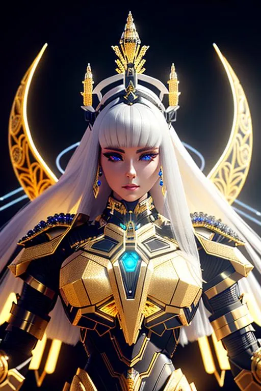 Prompt: epic 3d portrait of halfrobot white queen wearing mech armor made of black crystals, golden ornate around the armor, symmetrical body, hyperrealistic, intricate details, shiny, cinematic, unreal engine, artstation, octane render, synthwave gown, magic, bioluminescence, full body