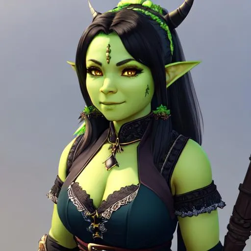 Prompt: UHD,  8k, Very detailed, panned out view, whole character, female orc child, green skin color, maid clothing, yellow eyes