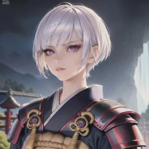 Prompt: (masterpiece, illustration, best quality:1.2), pixie cut hairstyle, white hair, purple eyes, wearing samurai armour, death stare, best quality face, best quality, best quality skin, best quality eyes, best quality lips, ultra-detailed eyes, ultra-detailed hair, ultra-detailed, illustration, colorful, soft glow, 1 girl,  traditional Japanese village as background