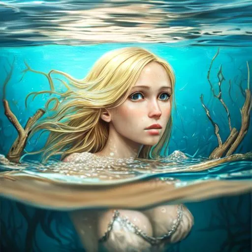 Prompt: Hyperrealistic painting of a blonde women, view underwater, broken wood, fabric floating on the water, daytime, somber, 16k, highly detailed 