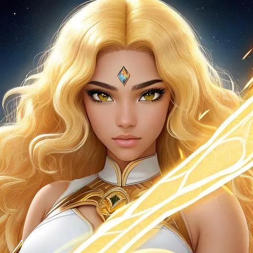Prompt: A beautiful 15 year old ((Latina)) light elemental with light brown skin and a beautiful face. She has curly yellow hair and yellow eyebrows. She wears a beautiful white dress with gold. She has brightly glowing yellow eyes and white pupils. She wears a gold tiara. She has a yellow aura around her. She is using light magic in battle against a giant monster in a open field. Epic battle scene art. Full body art. {{{{high quality art}}}} ((goddess)). Illustration. Concept art. Symmetrical face. Digital. Perfectly drawn. A cool background.