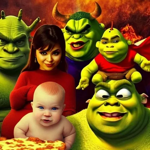Prompt: Hot Stuff baby devil Shrek Shrekshuka the devil