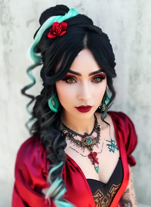 Prompt: araffe cyberpunk woman in a red gown dress, fully tattooed body, pog, fantasy princess, fullface, dark souls character, cross tattoos on neck, messy wavy blue hair with green highlights, heavily upvoted, wearing a long flowy fabric, amish, photoshopped, farmer, 8k, trending on artstation