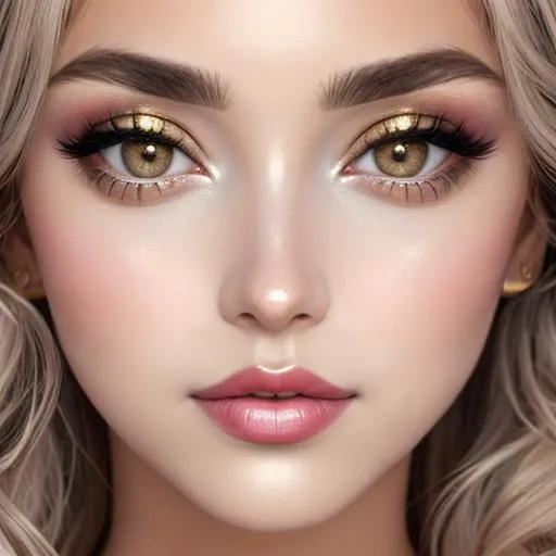 Prompt: big  eyes and carmine lips, silver and golden breaded silk, lips, pink cheeks