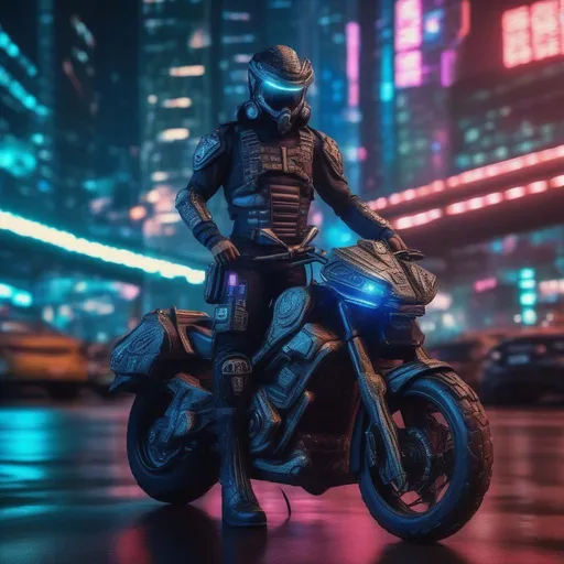 Prompt: A ultra realistic menacing futuristic psychedelic cop at night in a futuristic São Paulo, very complex build, very detailed uniform adorned with glowing cyber runes, big boots, big weapon, futuristic bike close by. realistic photography