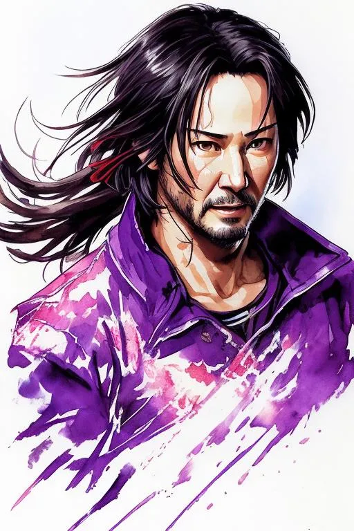 Prompt: (((Yoji Shinkawa))), sticker of ultra detailed portrait of Keanu Reeves as a samurai in purple. high quality cell shaded illustration in post apocalyptic style by Yoji Shinkawa, ((full body)), dynamic pose, perfect anatomy, centered, freedom, soul, black hair in ponytail, approach to perfection, cell shading, 4k , cinematic dramatic atmosphere, watercolor painting, global illumination, detailed and intricate environment, artstation, concept art, fluid and sharp focus, volumetric lighting, cinematic lighting, Art by Yoji Shinkawa,