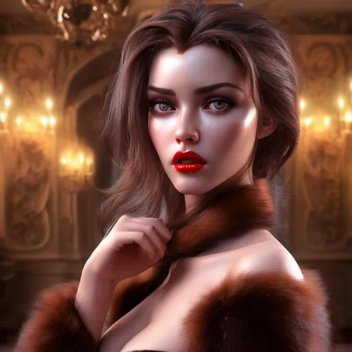 Prompt: 4k 3D professional modeling photo live action human woman hd hyper realistic beautiful british woman right half hair white left half hair black fair skin brown eyes beautiful face red lips spotted fur coat and red dress luxury landscape hd background with live action mansion