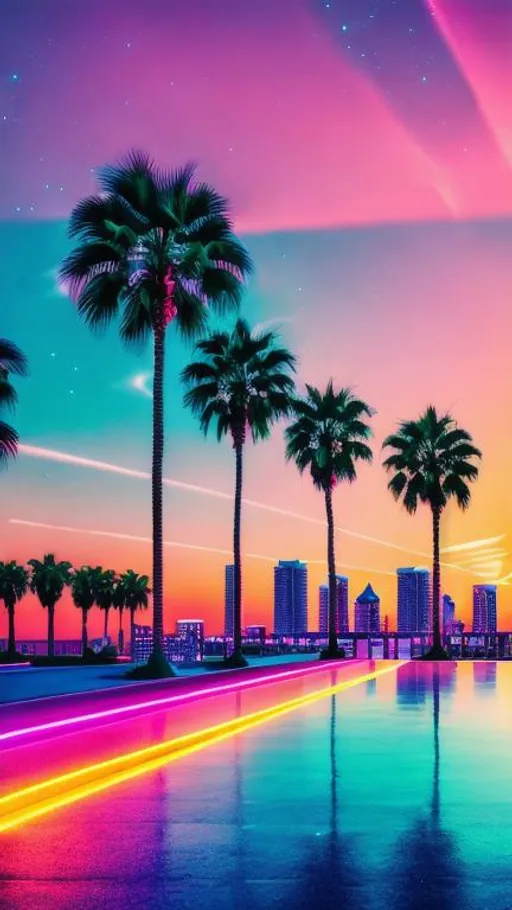 Prompt: vaporwave city, neon lighting, beautiful sunset, palm trees, Retro, high quality, 4k, visible sun, night sky