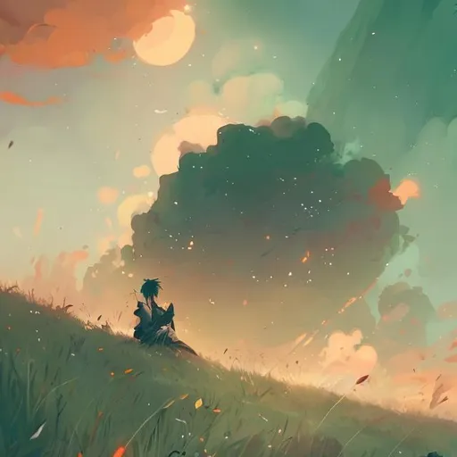 Prompt: scenery of someone chilling on a field hope by loish warm colors orange and green values close up