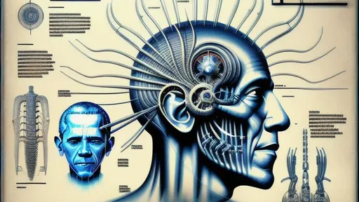 Prompt: technical drawing blueprint Futurism art style infographics exploded view of  biomechanical head of barack Obama  by hr giger combined with Zdzislaw Beksinski and Ed Binkley, retro, infographics, marginalia, detailed exploded view, 1950's popular mechanics poster, retrofuturistic

