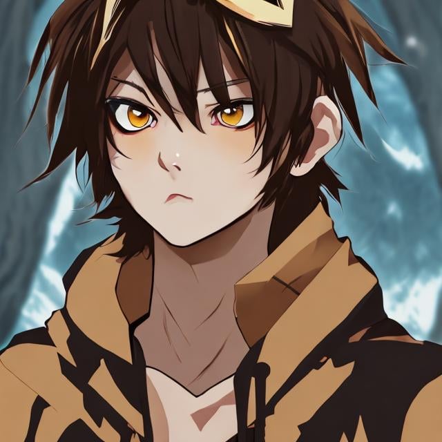 Anime boy with brown hair, tan skin, gold eyes and c