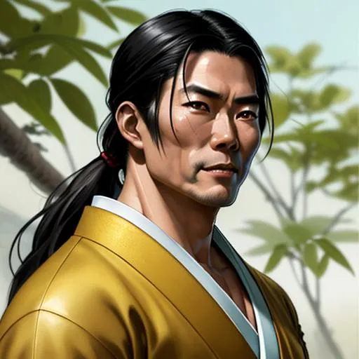 Prompt: realistic portrait of a feudal japanese muscular male feudal of 40 years old, dark hair in japanese style, highly detailed, concept art, smooth, art by artgerm and greg rutkowski and alphonse mucha and simon stalenhag, ambient lighting, fantasy, full view, close up to face, highly detailed face, sharp face, simple yellow clothes, cheerful guy with a slight smile and an ironic look.