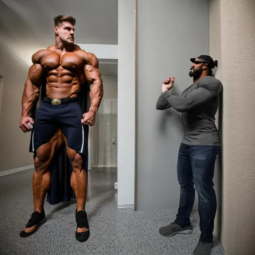 Prompt: 30 foot tall bodybuilder vs  7 foot tall bodybuilder, wall for scale 