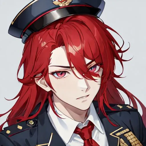 Prompt: Zerif 1male as a male police officer (Red side-swept hair covering his right eye)UHD, 8K, Highly detailed, insane detail, best quality, high quality, wearing a blue male police uniform, anime style, tilting his hat,