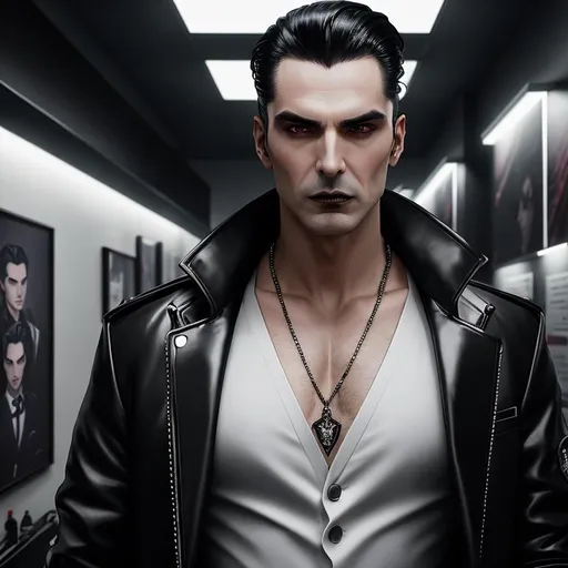 Prompt: Male vampire, Clan Tzimisce, plastic surgeon, mild Lovecraftian horror element to his face, wearing modern expensive streetwear, cold expression, black hair slicked back, surrounded by macabre art in a sterile office, vampire the masquerade, detailed symmetrical face, city at night style background, well lit by street lights, vampire, real, alive, real skin textures,
