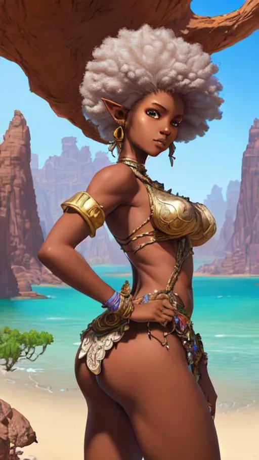 Prompt: highest quality stylized character concept masterpiece, award winning digital 3d oil painting art, hyper-realistic, intricate, 64k, UHD, HDR, image of a beautiful afro-elf-girl in the desert next to the sea, highly detailed face, hyper-realistic facial features, perfect anatomy in perfect composition of professional, long shot, sharp focus photography, cinematic 3d volumetric, dramatic lighting with backlit backlight, {{sexy}}, aiming down sights.