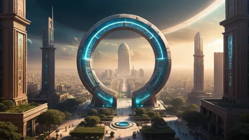 Prompt: magical portal between cities realms worlds kingdoms, circular portal, ring standing on edge, upright ring, freestanding ring, hieroglyphs on ring, complete ring, obelisks, egyptian architecture, gardens, hotels, office buildings, shopping malls, large wide-open city plaza, panoramic view, night sky, futuristic cyberpunk dystopian setting