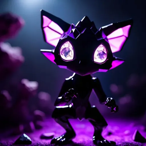 Prompt: Small purple humanoid figure, long pointy ears, large hexagon shaped gems for eyes, a large mouth with small pointy teeth, three fingers on each hand and three toes on each foot, short limbs, crouched stance, purples and blues, dim lighting, cave, spooky, goblin like, dark, smooth skin, crystals, genderless, clear image