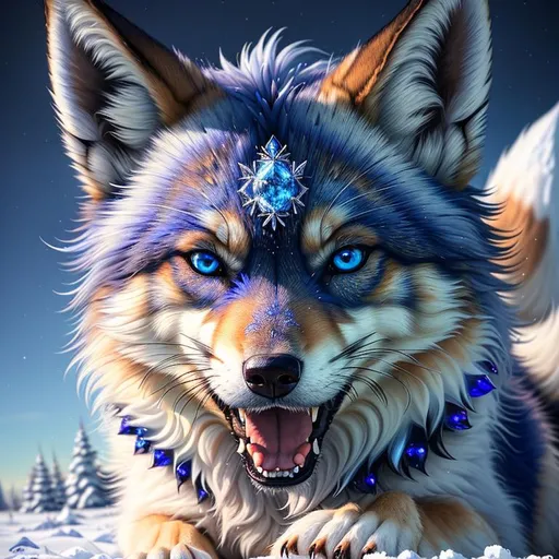 Prompt: (masterpiece, professional oil painting, epic digital art, best quality, highly detailed, UHD:1.5), insanely beautiful ((fox-wolf)), (canine quadruped), female, adolescent, ice elemental, deep blue-silver fur covered in frost, bashful hypnotic sapphire blue eyes, 8k eyes, growling, sprawled on frosted field, extremely beautiful, gorgeous silver mane covered in frost, (plump:2), by Anne Stokes, by Yuino Chiri, detailed detailed scowling face, finely detailed fur, hyper detailed fur, (soft silky insanely detailed fur), moonlight beaming through clouds, grassy field covered in frost, fluffy fox ears, cool colors, beaming sun, professional, symmetric, golden ratio, unreal engine, depth, volumetric lighting, rich oil medium, (brilliant auroras), (ice storm), full body focus, beautifully detailed background, cinematic, 64K, UHD, intricate detail, high quality, high detail, masterpiece, intricate facial detail, high quality, detailed face, intricate quality, intricate eye detail, highly detailed, high resolution scan, intricate detailed, highly detailed face, very detailed, high resolution