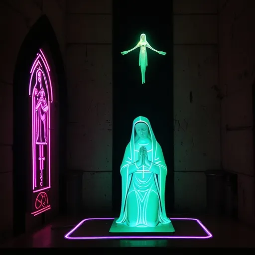 Prompt: a cyberpunk, neon light, statue of the virgin Mary. A priest, bowing down praying before it. 