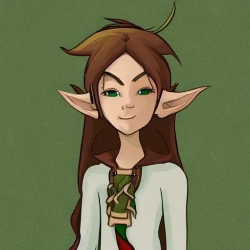 Prompt: tall cute androgynous elf character, animated, brown hair and green eyes