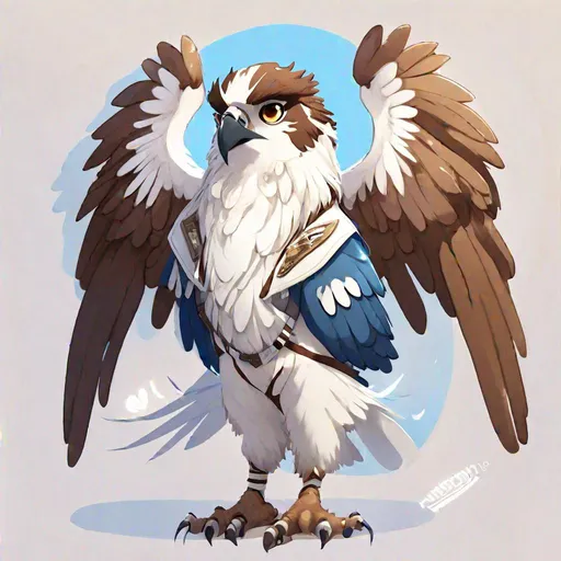 Prompt: Osprey, anthropomorphic bird, kawaii style, white and brown feathers, spiked brown hair tipped with white, white and brown angel wings, dressed in white and blue jacket with a brown scarf and white pants. Earth of God, Masterpiece, Best Quality 