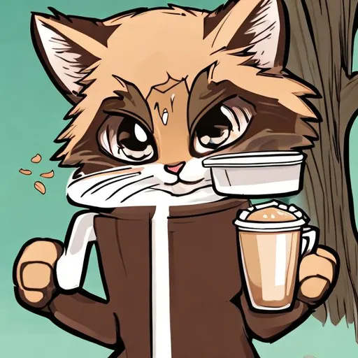 Prompt: anime bobcat holding coffee