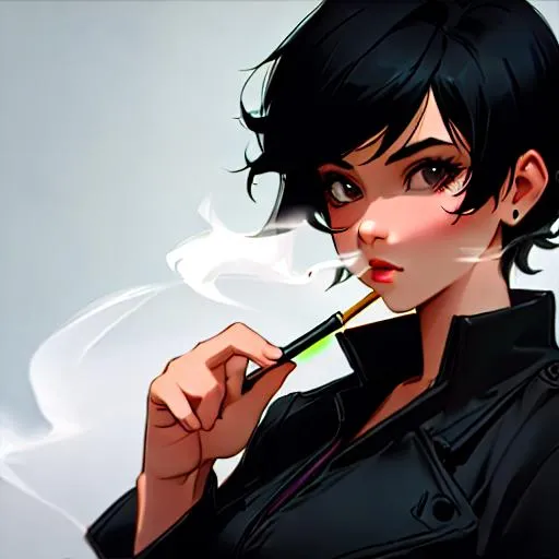 Prompt:  (female, short black hair) Smoking, thug, 8k, UHD, Highly detailed, detective