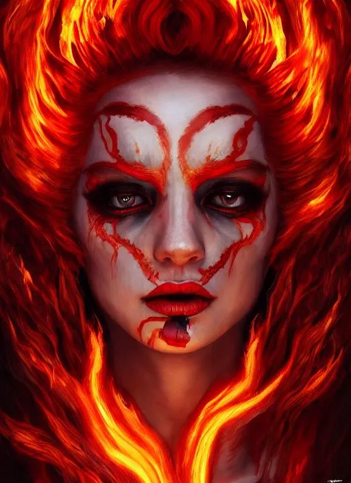 Prompt: Portrait of  a fire goddess with flaming hair and red eyes, {in hell}, perfect composition, hyperrealistic, super detailed, 8k, high quality, trending art, trending on artstation, sharp focus, studio photo, intricate details, highly detailed