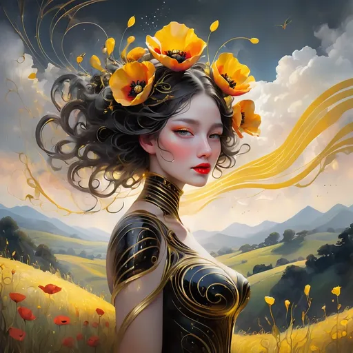 Prompt: Body  painting style A woman made of intricate, swirling yellow and black lines resembling a bee, with curves accentuated by delicate, golden ornamentation, and a bright, poppy-red lip color with yellow specks that adds a pop of vibrant contrast. She stands amidst a dreamy, ethereal landscape with soft, feathery clouds and rolling hills, a subtle, peachy glow emanating from the horizon. The atmosphere is filled with delicate, swooping brushstrokes reminiscent of John Singer Sargent's expressive Impressionism, intermingled with the fantastical, symbolic world-building of James Gurney's surreal landscapes, and the lush, botanical textures found in the art of Audra Auclair, digital artist. Her style is infused with the soft, abstracted environments of Ash Thorp's dreamlike futurescapes, bringing a sense of weightlessness to the scene, while maintaining a classical beauty within its ethereal forms.