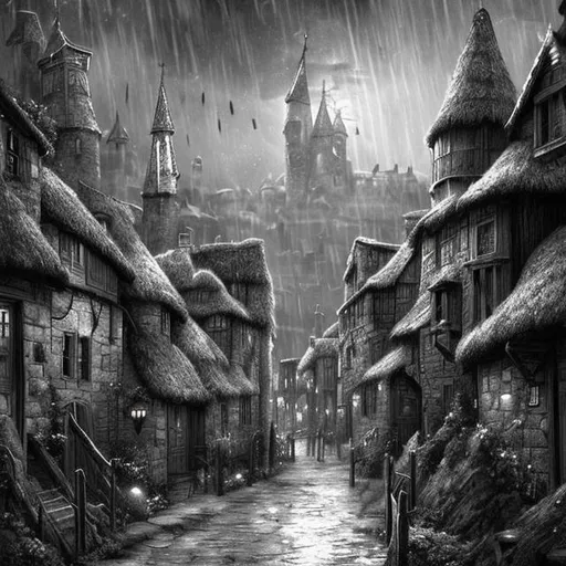 Prompt: A black and white digital art of a medieval fantasy rainy village