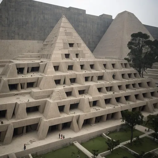 Prompt: a large pyramid with lots of inset windows, brutalist architecture