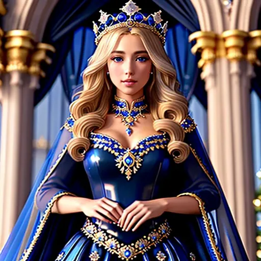 Prompt: blonde-haired queen wearing a transparent dark blue veil and hyper-detailed shiny crown with a lot of sapphire, hyper-detailed clothes full of ornaments glittering, dark blue particles, soft blue misty color, in a castle, royalty, full accessories, highly detailed, full body, soft lighting, ultra-realistic, 8K, digital art, unreal engine 5