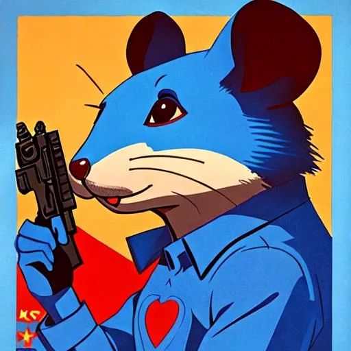 Prompt: Soviet propaganda poster featuring a blue rat with heart eyes holding a pistol