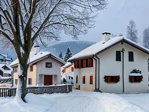 Prompt: Village in slovenia, winter, small houses, smoke out of chimneys, evening, peaceful atmosphere