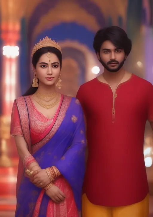 Prompt: Make the image painting where it looks like Indian  king and queen standing in palace 