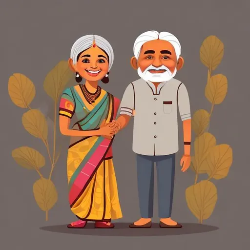 Prompt: illustration of Indian old man and woman, standing together, smiling, brown skin, grey hair, Indian clothes, cartoony style