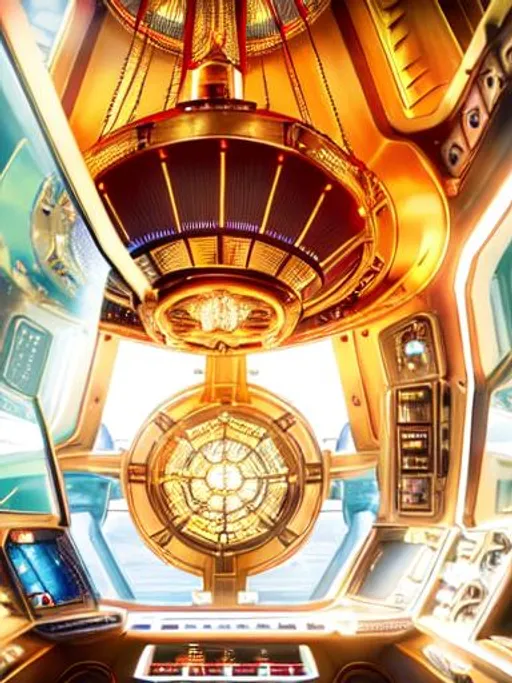 Prompt: RAW photo, interrior of a pirate spaceship, captains cockpit, instruments, made of brass, gold, glass, black, golden, blue, red, clear, steampunk, big round windows, very elegant, solar sails, alien planet, universe, vivid colors (high detailed skin:1.2), 8k uhd, dslr, soft lighting, high quality, film grain, Fujifilm XT3