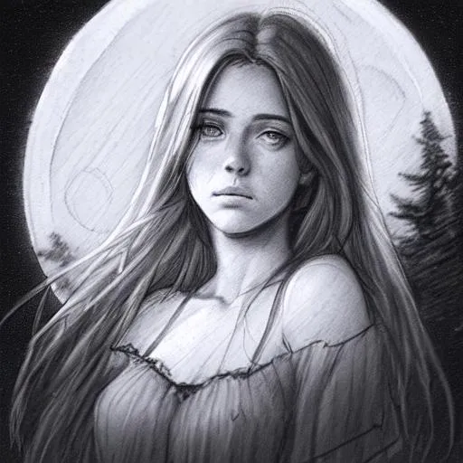 Prompt: realistic sad sketch of a beautiful european girl under the moonlight