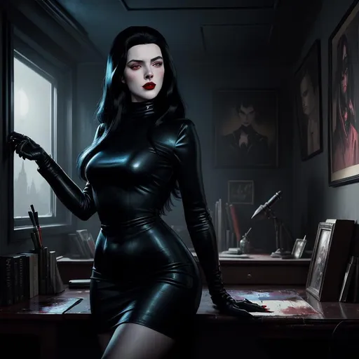 Prompt: "the femme fatale" (painting) by ((((style of Greg Rutkowski)))), digital painting, (gritty vintage noir),  alluring vampire-hunting woman with long black hair, blue eyes, and red lips, wearing a black (high neck minidress), set in a warmly lit private detective's office