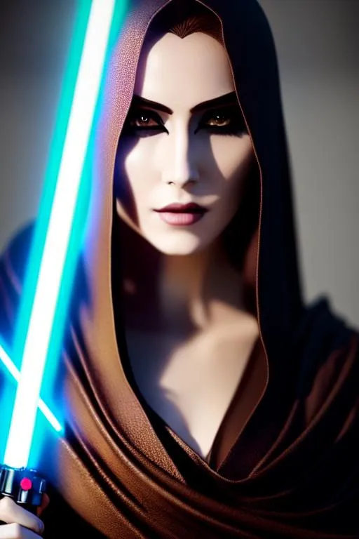 Prompt: Portrait of beautiful pale gothic maiden, wielding a lightsaber like Obi-Wan Kenobi, long shades of brown robes, shade of brown cowl, shade of brown hood, warhammer 40000, cyberpunk, intricate, elegant, highly detailed, digital painting, artstation, concept art, smooth, sharp focus, illustration, art by artgerm and greg rutkowski and alphonse mucha and Gustav Klimt and Ilya Kuvshinov