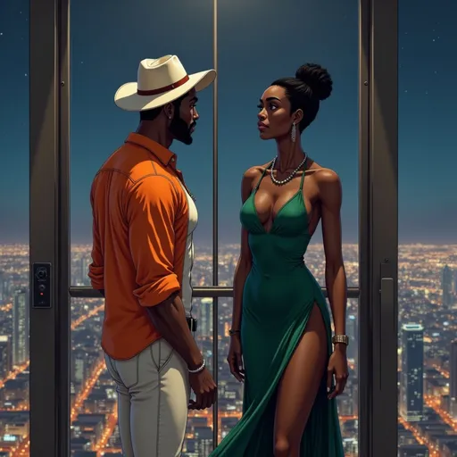 Prompt: Inside a sleek glass elevator ascending a luxury high-rise at night, city lights sparkling below. @TRzJfEbYXKjmZAhFV8fB  stands beside a tall Black woman wearing a deep emerald satin gown with a thigh-high slit, her hair in sculpted bantu knots. Duke fidgets slightly, avoiding eye contact, trying to start small talk. She stares at him in the mirror’s reflection, one eyebrow raised, lips slightly pursed—cool and unreadable. Her energy is controlled, silently asking, "Is this really the man I thought he was?" The camera captures the tension in his awkward stance and her poise.