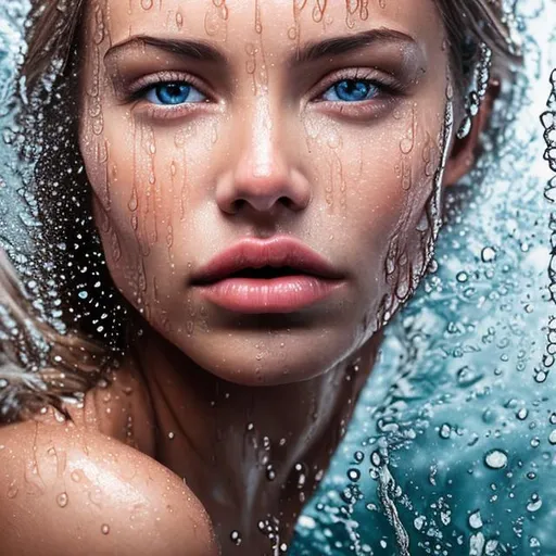 Prompt: Realistically image of a women's face with juicy lips and water drops pouring down her face