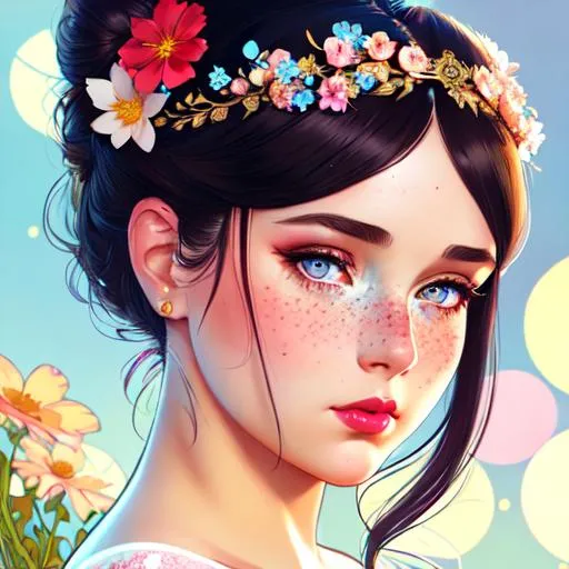 Prompt: cute plus sized woman with freckles, high bun, flowers in hair, intricate, detailed face, by Ilya Kuvshinov and Alphonse Mucha, dreamy, pastel colors, honey, red lips, blue eyes, sad, eyes bruises, diadem, tiara, sparkles, clear eyes, pointy ears