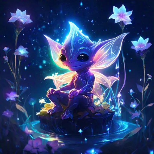Prompt: A fantasy translucent imp that is glowing, sitting within a flower, beneath the stars, bioluminescent, highres, best quality, concept art