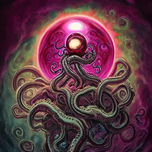 Prompt: lovecraftian, curled up sleeping fetus within the center of a very bright ball of light, glowing magenta